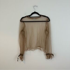 Meijerhof Sheer Mesh Polka Dot Brown Women's Blouse Tie Detailing